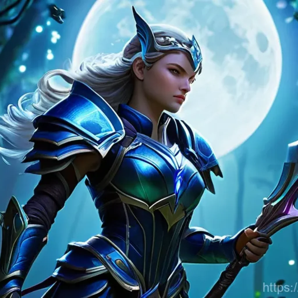 LOL 정글 챔피언 추천 - **Subject:** Diana, the Scorn of the Moon, an agile warrior clad in her iconic lunar-themed armor, a...