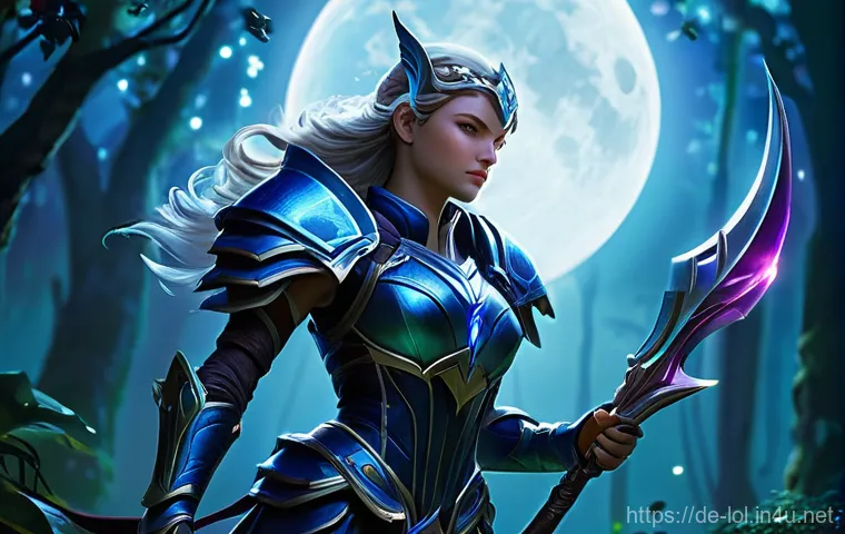 LOL 정글 챔피언 추천 - **Subject:** Diana, the Scorn of the Moon, an agile warrior clad in her iconic lunar-themed armor, a...