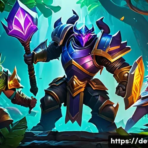 Home 33 리그 오브 레전드 게임 용어 사전 - A dynamic and vivid scene of a League of Legends mid-game team fight near Baron Nashor’s pit, featur...
