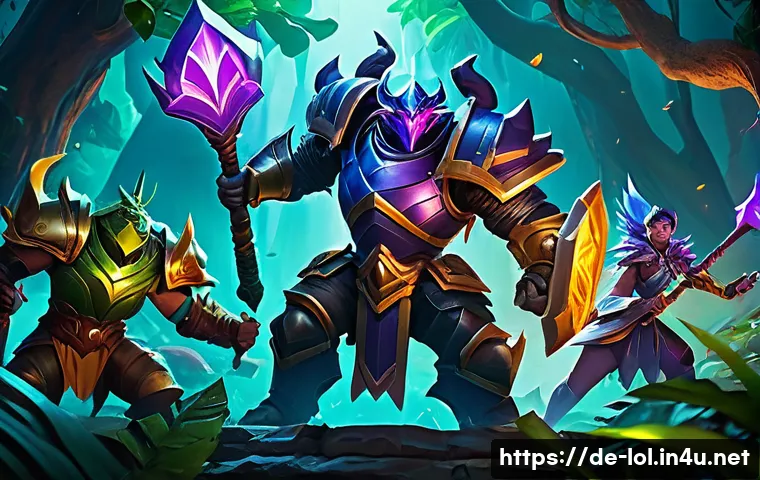 리그 오브 레전드 게임 용어 사전 - A dynamic and vivid scene of a League of Legends mid-game team fight near Baron Nashor&rsquo;s pit, featur...