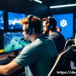 Home 20 LOL 피드백 시스템 활용법 - A dynamic esports team scene inside a high-tech gaming arena in Berlin, featuring diverse adult play...