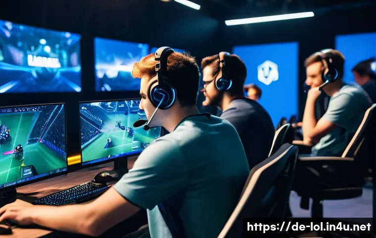 LOL 피드백 시스템 활용법 - A dynamic esports team scene inside a high-tech gaming arena in Berlin, featuring diverse adult play...