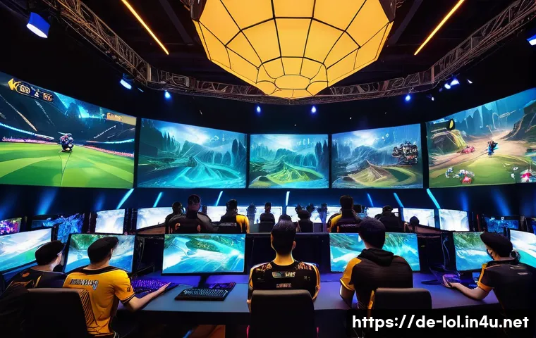 리그 오브 레전드 게임 패치 히스토리 - A dynamic esports arena scene showcasing a diverse group of professional League of Legends players i...