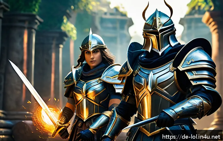 리그 오브 레전드 승률 높은 콤보 - A dynamic duo-lane scene featuring an aggressive support champion clad in ornate, gleaming armor wit...