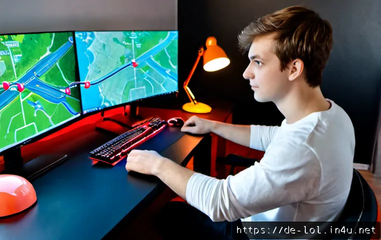 Home 17 LOL 로밍 전략 성공 팁 - Photorealistic young adult German esports player in a modern Berlin gaming room, studying a colorful...