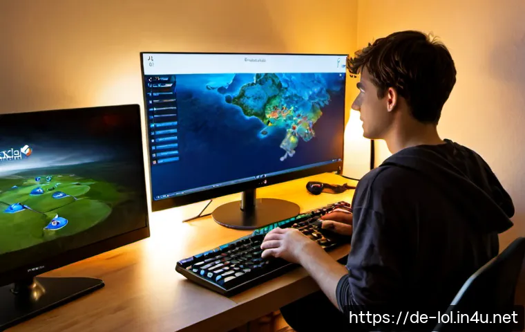 리그 오브 레전드 시즌별 업데이트 정보 - Photorealistic gaming desk scene in a cozy modern German apartment, a young adult player viewing a c...